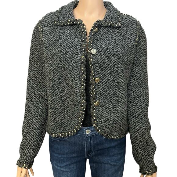 Zara Lady Jacket Cardigan Small Striped Gray Multi Gold Button Preppy Classic - Picture 1 of 9